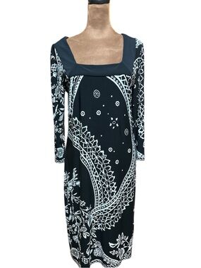 VOIR VOIR Black & White Polyester 3/4 Sleeve Midi Dress Size 10